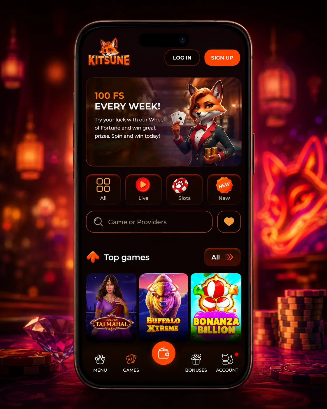 Kitsune Casino mobile lobby displayed on a smartphone
